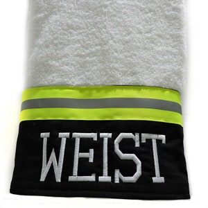 Firefighter Bath Towel in Black Fabric and Neon Yellow Reflective Tape