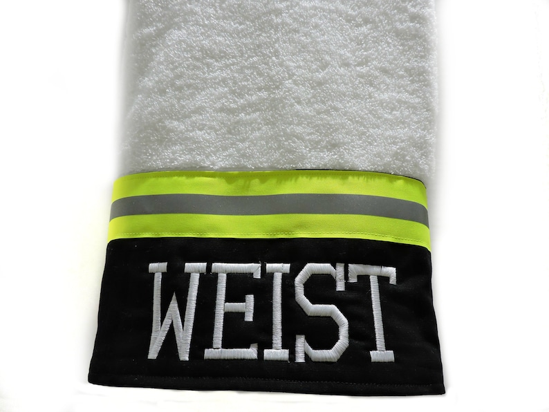 Firefighter Bath Towel in Black Fabric and Neon Yellow Reflective Tape