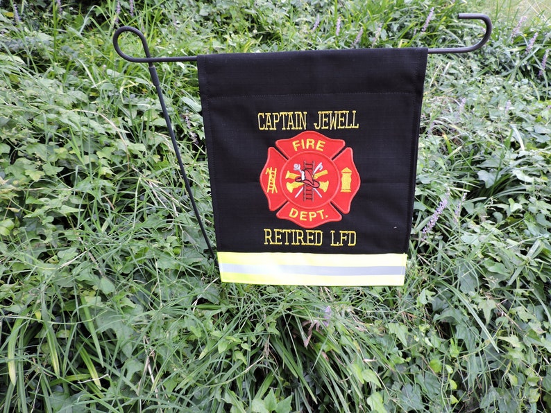Firefighter Garden flag with Maltese cross and two names added in Black Fabric and Neon Yellow Reflective Tape