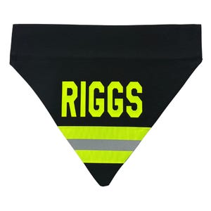 Firefighter Dog Bandana in black fabric and neon yellow reflective tape, you can add a dogs name