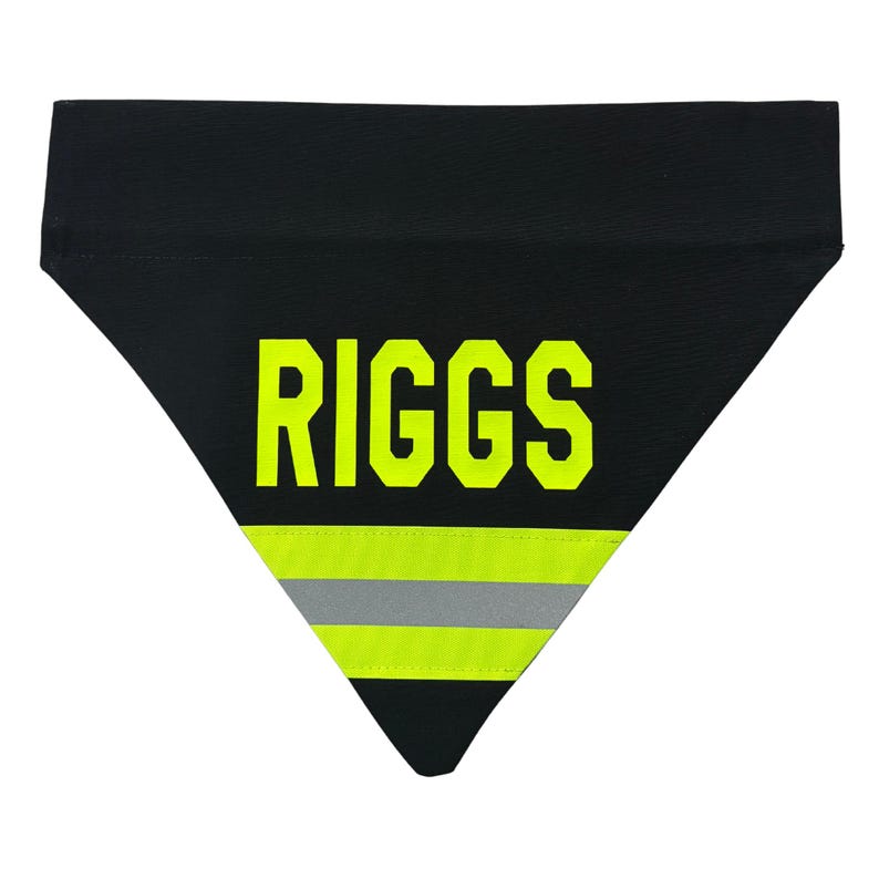 Firefighter Dog Bandana in black fabric and neon yellow reflective tape, you can add a dogs name