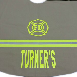 Firefighter Christmas Tree Skirt in Tan Fabric and Neon Yellow Reflective Tape with Maltese Cross And Name Added