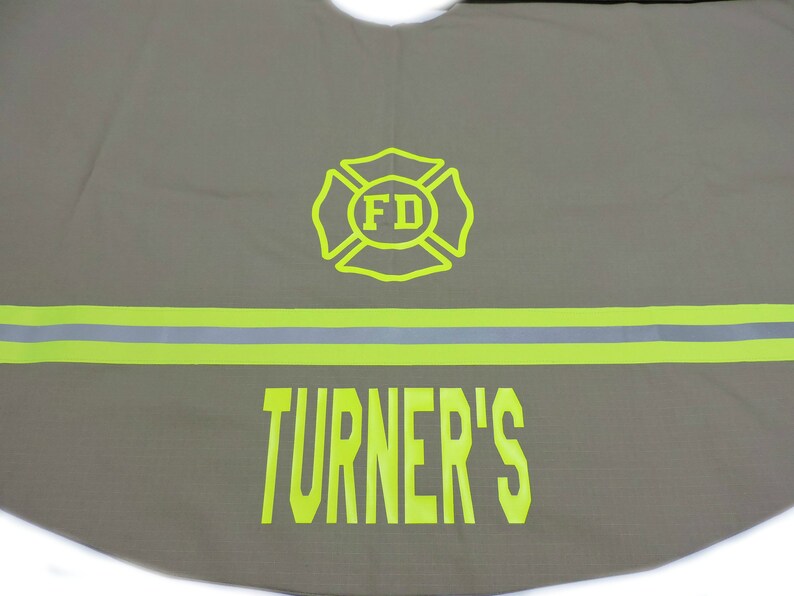 Firefighter Christmas Tree Skirt in Tan Fabric and Neon Yellow Reflective Tape with Maltese Cross And Name Added