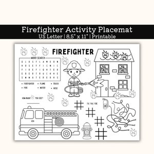 Tapete de actividades de bomberos IMPRIMIBLE, Hoja de actividades de página para colorear, Hoja de trabajo de jardín de infantes, Actividad para niños pequeños, prek, Carta de EE. UU.