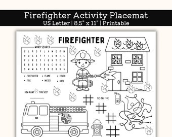 PRINTABLE Firefighter Activity Mat, Coloring Page Activity sheet, Kindergarten Worksheet, toddler Activity for Children, pre k, US Letter