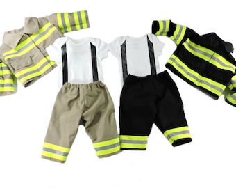 Firefighter Baby Boy Outfit, Jacket with NAME, Black Suspender, with option to personalize shirt, baby shower, Firefighter Halloween costume