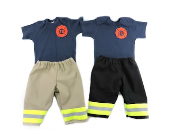 Future Firefighter Baby Boy Outfit, Fire man Baby shower gift, Coming home outfit, Halloween costume, Tan or Black Bunker Gear look