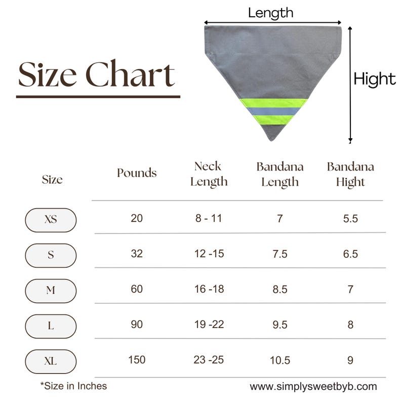 May include: Dog bandana size chart in inches showing measurements for neck length, bandana length, and bandana height for extra small, small, medium, large, and extra-large sizes.  The chart also lists corresponding dog weight in pounds for each size. A tan bandana with tan reflective tape is shown above the chart.