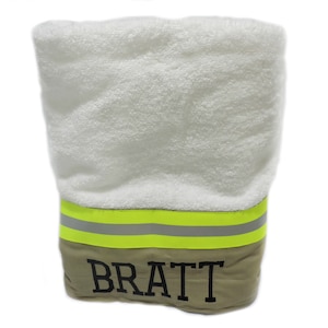 Firefighter Bath Towel in Tan Fabric and Neon Yellow Reflective Tape