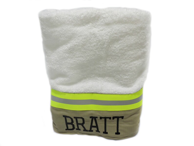 Firefighter Bath Towel in Tan Fabric and Neon Yellow Reflective Tape