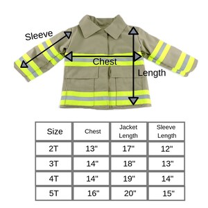 May include: Tan-colored children's firefighter jacket with reflective yellow stripes on the sleeves and chest. The jacket has two front pockets and a collar. A size chart shows chest, jacket length, and sleeve length measurements in inches for sizes 2T to 5T.