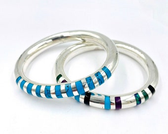 Vintage Taxco Sterling Silver Stackable Bangle Bracelets 925 set of 2 inlay
