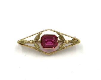 Vintage 10k Yellow Gold Synthetic Pink Sapphire Green Leaf Brooch
