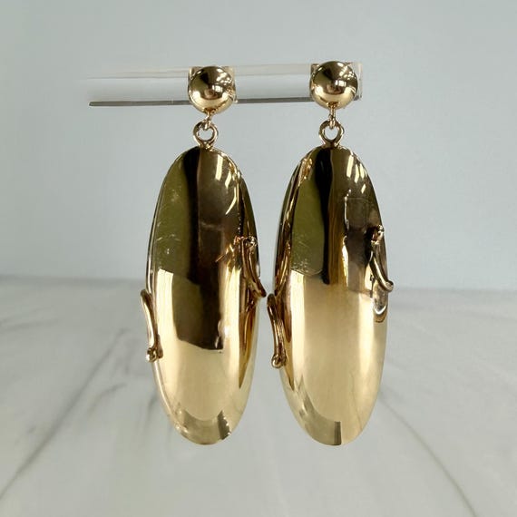 Vintage Long Oval Dangling Earrings 14k Yellow Gold