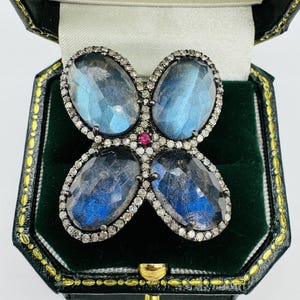Custom Made Sterling Silver Labradorite Stone Diamonds and Ruby Butterfly Ring