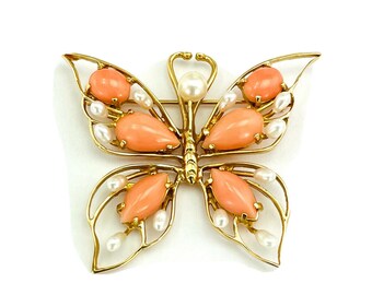 Vintage 14k Gold Angel Skin Coral Butterfly Brooch Pin