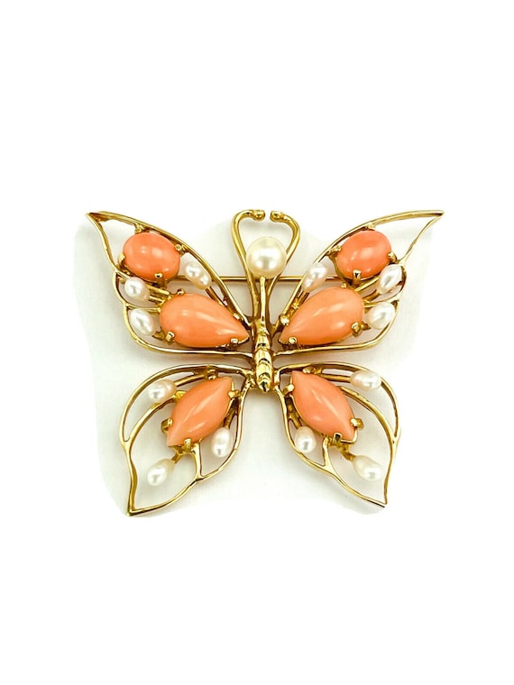 Vintage 14k Gold Angel Skin Coral Butterfly Brooch