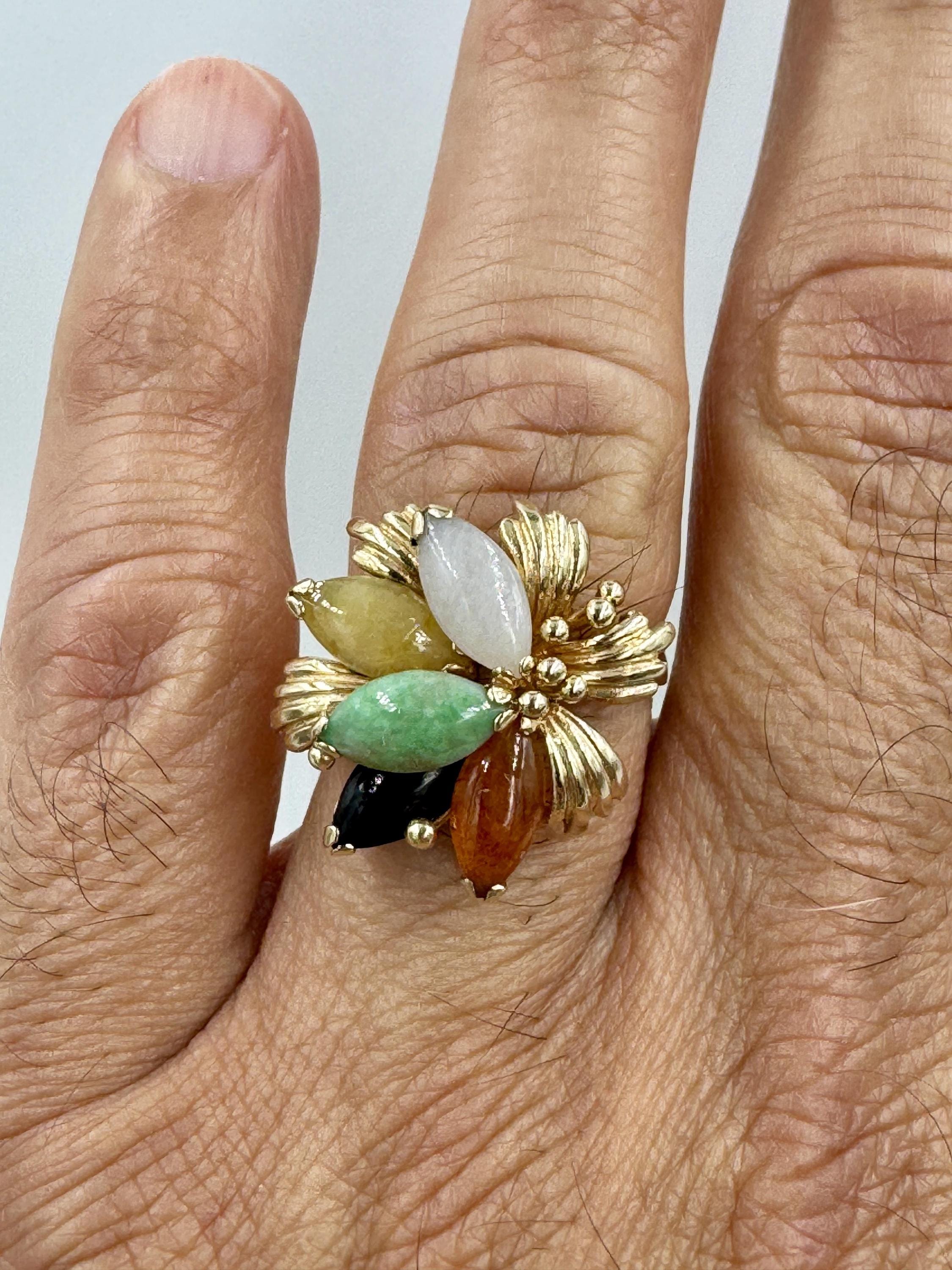 ヴィンテージ 14k イエロー ゴールド マルチカラー 翡翠 フラワー