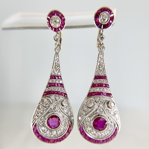Estate Ruby and Old Cut Diamond Dangle Earrings Platinum/14k Gold