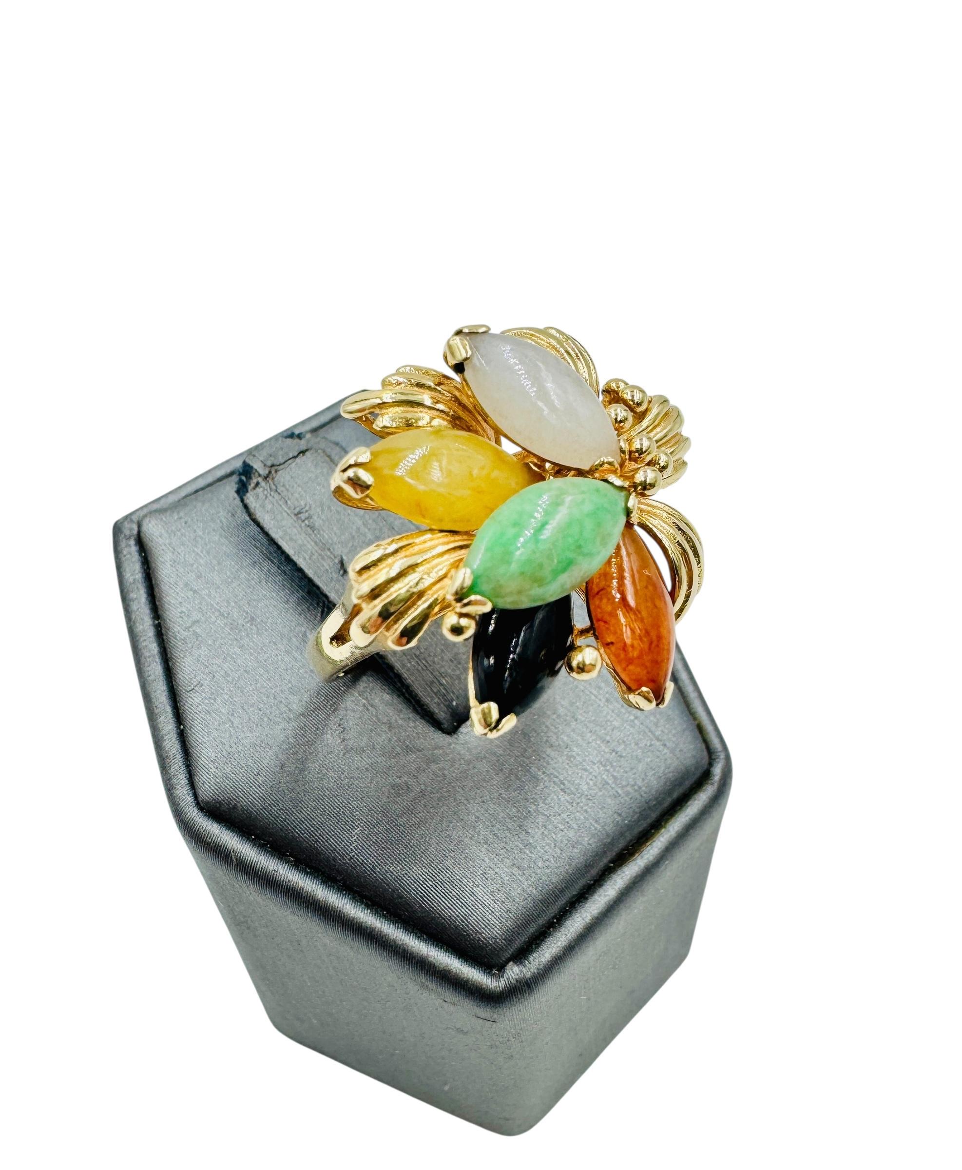 【レア】ヴィンテージ✨️翡翠 14K リング ヴィンテージ 14k イエロー ゴールド マルチカラー 翡翠 フラワー