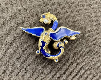 Antique 14k Gold Griffin Enamel Dragon Pin Brooch Sapphire Eye