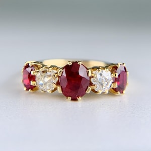 Antique 1910 Edwardian Ruby and Old Mine Cut Diamond Band Ring 18k Yellow Gold