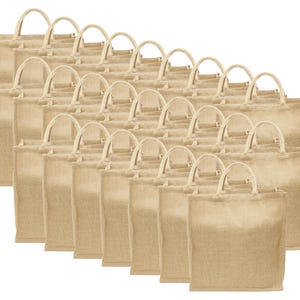 25 Pk - Large Burlap Shopping Bag - 16" x 17" x 8" - Premium Jute Burlap - Soft Webbed Cotton Handles - Strong Tote Book Bag Sack