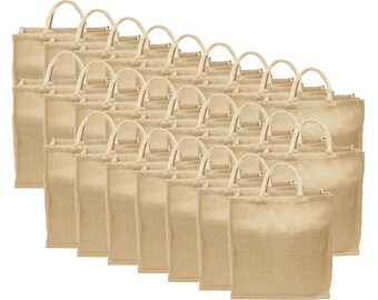 25 Pk - Large Burlap Shopping Bag - 16" x 17" x 8" - Premium Jute Burlap - Soft Webbed Cotton Handles - Strong Tote Book Bag Sack