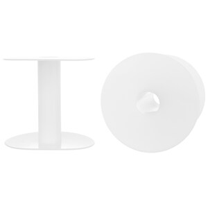 May include: Two white plastic spools shown from different angles. One spool is viewed from the side, displaying a central cylindrical core connecting two circular flat discs. The other spool is viewed from the top, showing a circular disc with a hole.