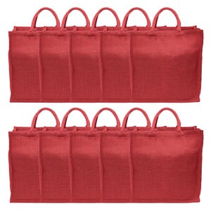 10 Pk - Red Burlap Shopping Bag - 16" x 17" x 8" - Premium Jute Burlap - Soft Webbed Cotton Handles - Strong Tote Book Bag Sack