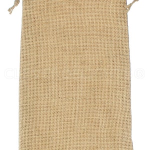 May include: A natural brown burlap drawstring bag with a woven texture. The bag is empty and ready to be filled.