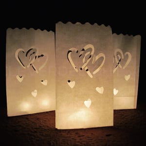 30 Luminary Bags - White - Interlocking Hearts Design - Wedding, Reception, and Party Décor - Paper Candle Bag - Luminaria Candle Lantern