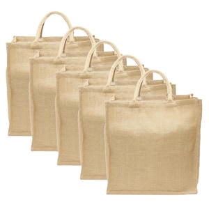 5 Pk - Large Burlap Shopping Bag - 16&quot; x 17&quot; x 8&quot; - Premium Jute Burlap - Soft Webbed Cotton Handles - Strong Tote Book Bag Sack