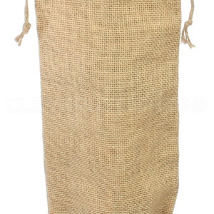 May include: A natural brown burlap drawstring bag with a woven texture. The bag is empty and ready to be filled with gifts or other items.