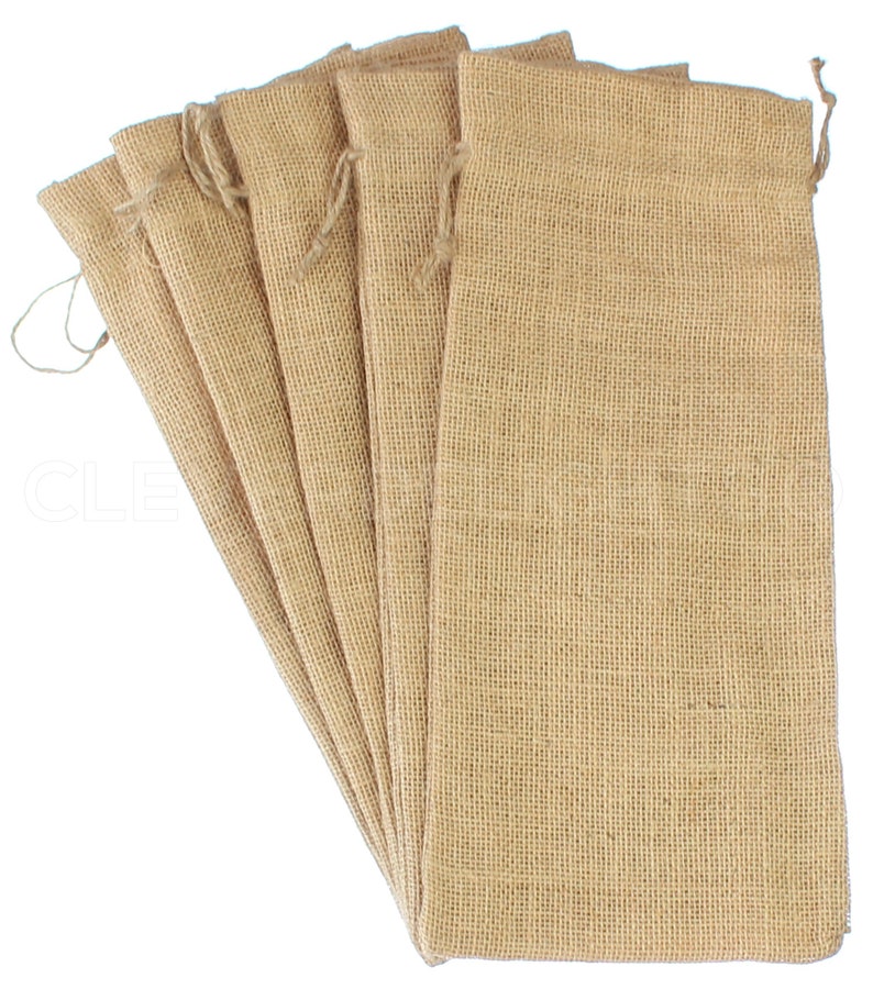 May include: A set of six natural brown burlap bags with drawstrings. The bags are made of a coarse woven fabric and are perfect for packaging gifts or small items.