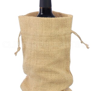 May include: A brown burlap wine bottle bag with a drawstring closure. The bag is empty and ready to hold a bottle of wine.
