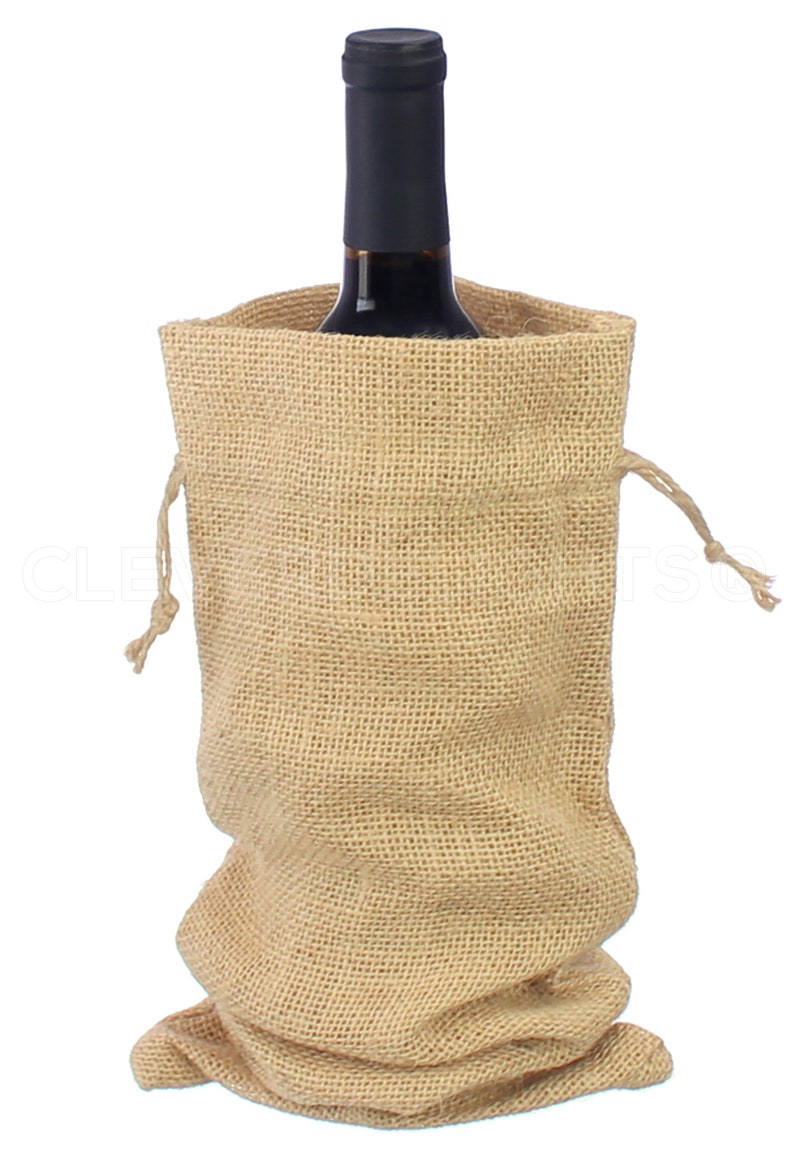 May include: A brown burlap wine bottle bag with a drawstring closure. The bag is empty and ready to hold a bottle of wine.