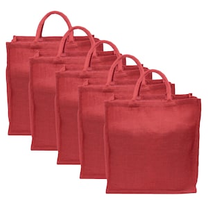5 Pk - Red Burlap Shopping Bag - 16" x 17" x 8" - Premium Jute Burlap - Christmas Holiday Gift Tote Sack - Soft Webbed Cotton Handles