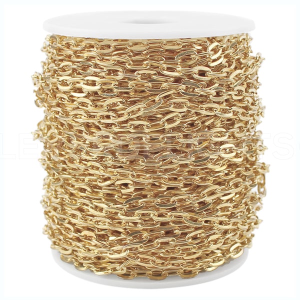 30 Ft - 5x7mm Champagne Gold Cable Chain Spool - For Necklaces Jewelry - 5mm x 7mm Oval Links - Bulk Flat Oval Chain Roll