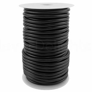 May include: A spool of black elastic cord. The cord is wound tightly around a white plastic spool.