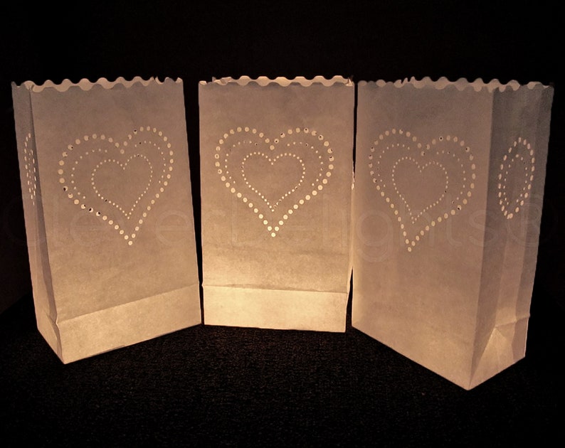 100 White Luminary Bags Heart of Hearts Design Wedding Etsy