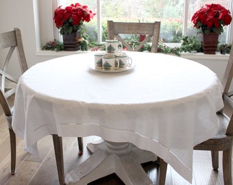 60" x 60" White Hemstitch Tablecloth - Linen / Cotton Blend - Square Table Cloth - Embroidery Monogram Supply - 60 Inch