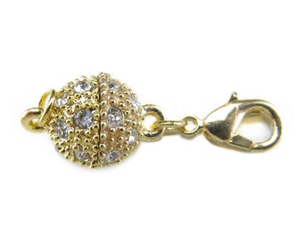 50 Sets - Magnetic Clasp Converters - Gold Color - Rhinestone Ball Style - Lobster Clasp Included