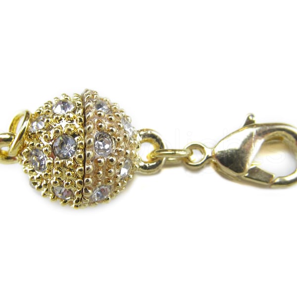 50 Sets - Magnetic Clasp Converters - Gold Color - Rhinestone Ball Style - Lobster Clasp Included