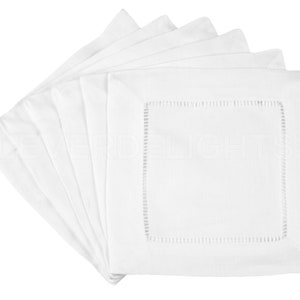 12 Pack - 6&quot; White Linen Hemstitch Cocktail Napkins - Ladder Hemstitch Border - Beverage Coasters - Embroidery Monogram Supplies