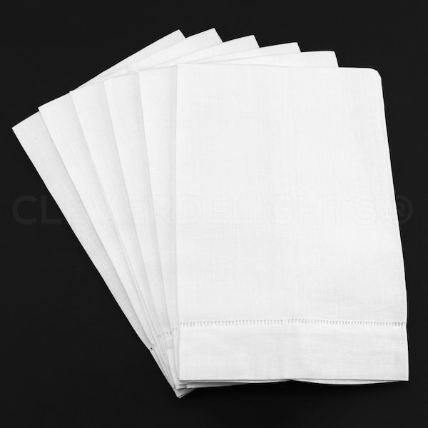 6 Pk - White Linen Hemstitch Fingertip Towels - 14" x 22" - 100% Pure Linen - Ladder Hemstitched Cloth Tea Towels - Embroidery Monogram