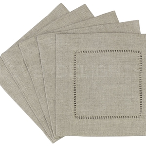12 Pack - 6&quot; Natural Linen Cocktail Napkins - 100% Pure Linen - Ladder Hemstitch Border - Beverage Coasters - Embroidery Monogram Supplies