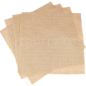 May include: Set of four brown burlap placemats, folded and stacked together. The placemats are made of a natural woven fabric with a subtle texture.