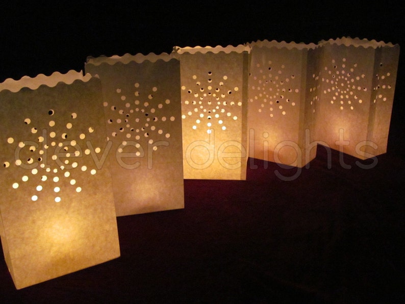 Sunburst Design Party Wedding Flame Resistant Paper 20 Luminary Bags White and Event Decor Twenty Bags Luminaria Reception
