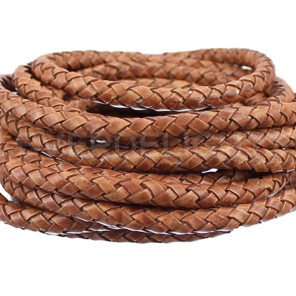 10 Feet - 1/4" Brown Braided Leather Bolo Cord - Premium Leather - 6mm Bolo Braided Round Cord